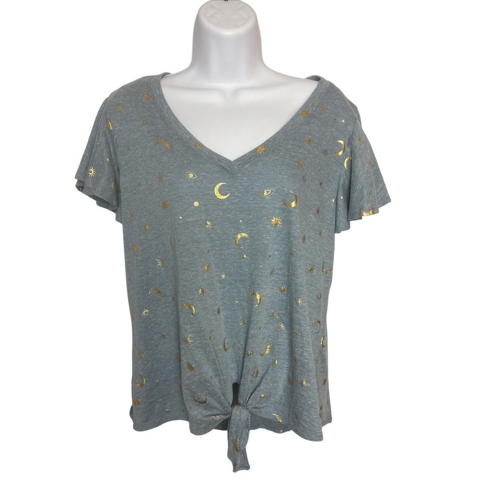 Tru Self Womens Large T-Shirt Top Moon and Stars Celestial Boho Cozy‎ Tie Front
